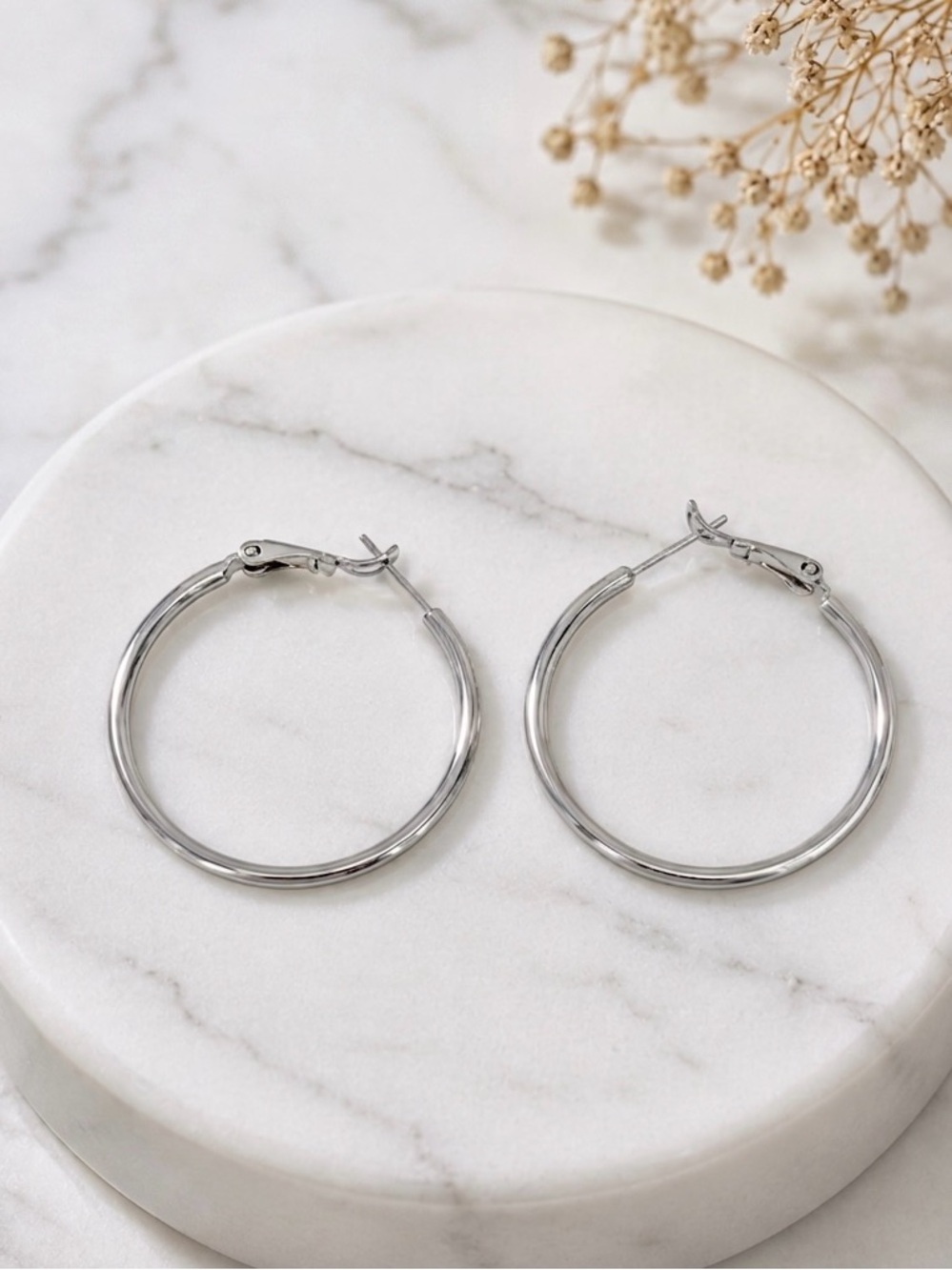 Classic Silver Tone Hoop Earrings (3.5 cm) Platinum Plated | Minimalist Jewelry - Picture 2 of 9